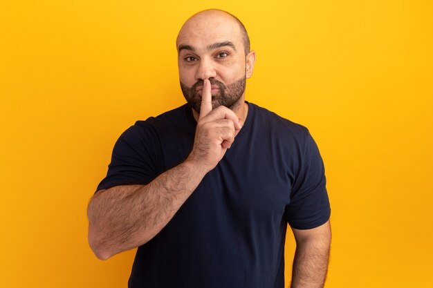Бородатый мужчина в темно-синей футболке делает жест молчания с пальцем на губах, стоя над оранжевой стеной
