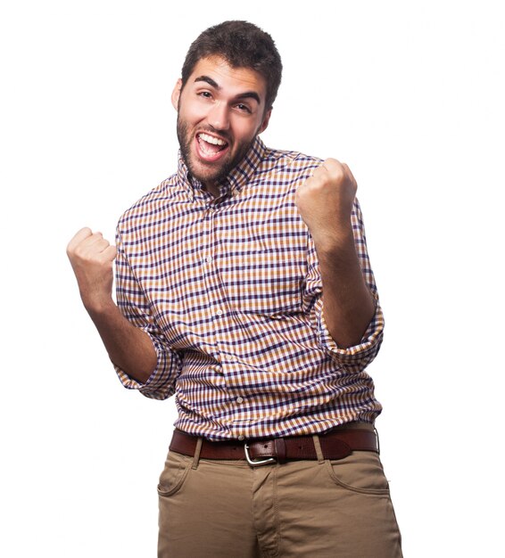 Bearded man shows gesture expressive of joy. 