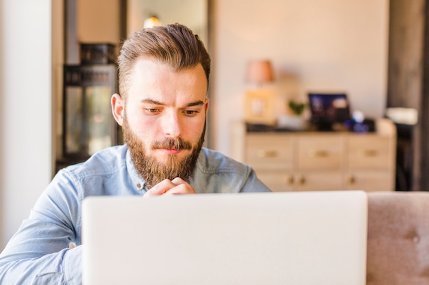 Free photo bearded young man using laptop in restaurant