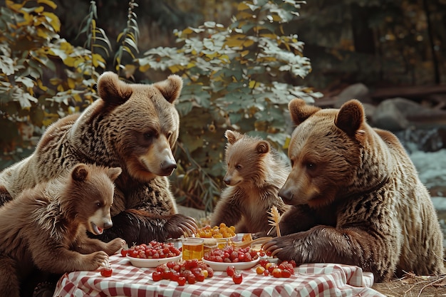 Foto gratuita orsi che si godono un picnic all'aperto