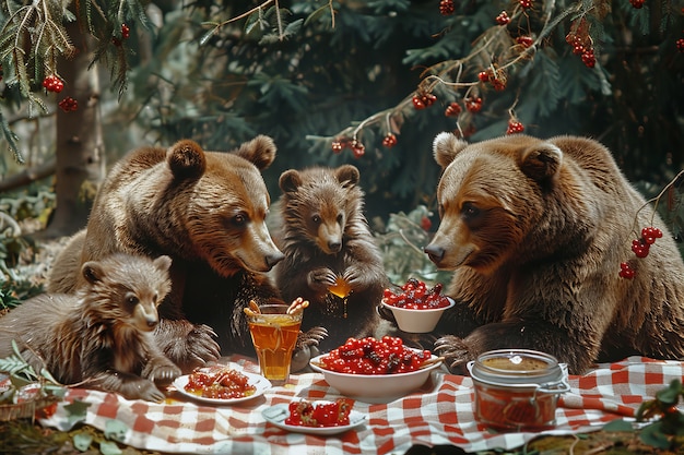 Foto gratuita orsi che si godono un picnic all'aperto