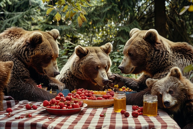 Foto gratuita orsi che si godono un picnic all'aperto