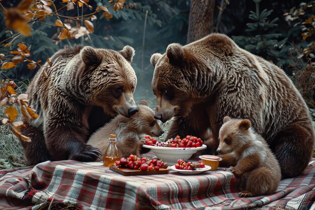 外でピクニックを楽しんでいるクマ