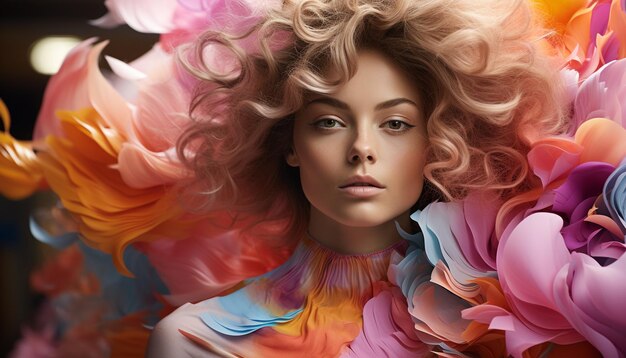 Красивая взрослая кавказская женщина со светлыми вьющимися волосами и розовым платьем, созданная искусственным интеллектом