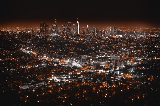 Beautiful aerial shot of Los Angeles at night