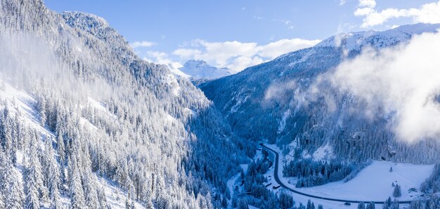 Beautiful aerial shot of the tree covered Alps during a snowy winter in Switzerland