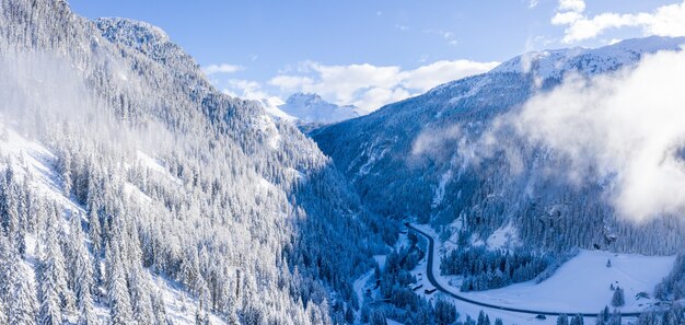 スイスの雪の降る冬の間にアルプスを覆った木の美しい空中ショット