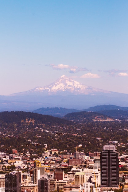 Free photo beautiful aerial shot of an urban city with an amazing snowy mountain