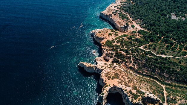 Beautiful above aerial view of Algarve coast in Portugal.