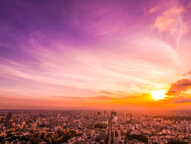 夕暮れ時の東京シティ周辺の建築と建物の美しい空撮