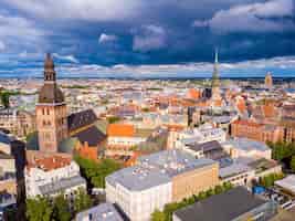 Free photo beautiful aerial view of riga, latvia on a cloudy day