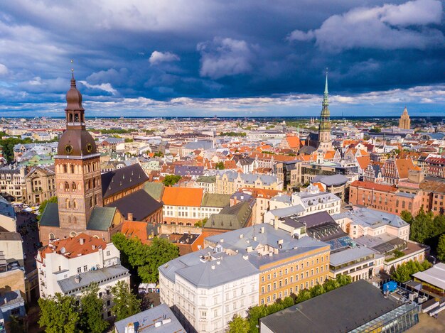 Beautiful aerial view of Riga, Latvia on a cloudy day