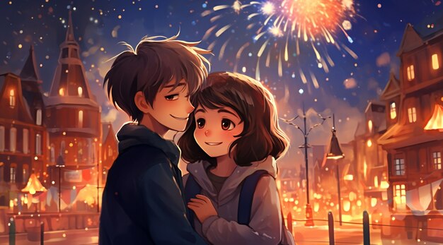 Beautiful anime couple on new year's eve