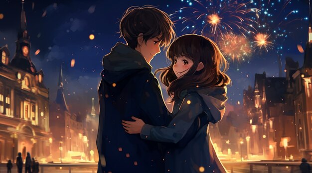 Beautiful anime couple on new year's eve