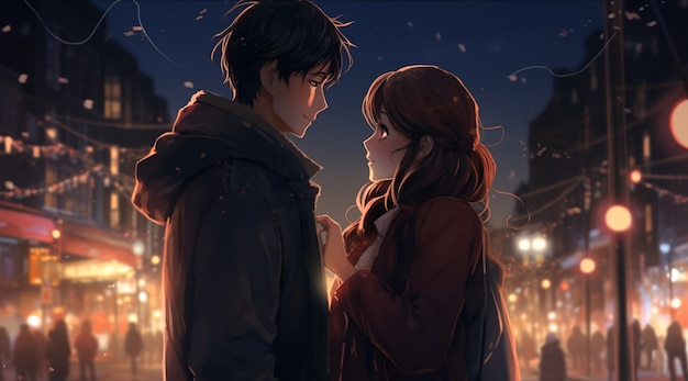 Beautiful anime couple on new year's eve