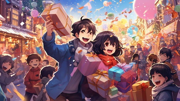 Beautiful anime family on new year's eve