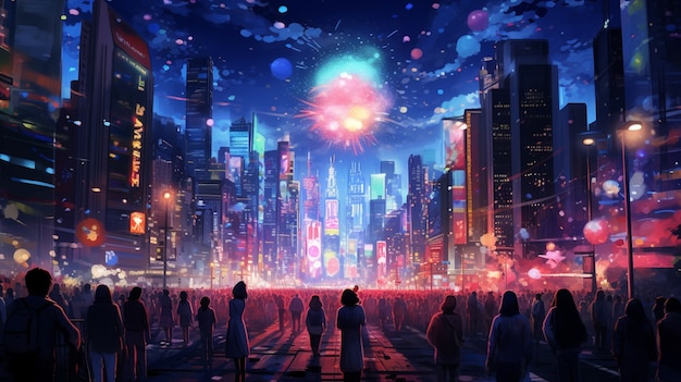 Beautiful anime new year's eve scene