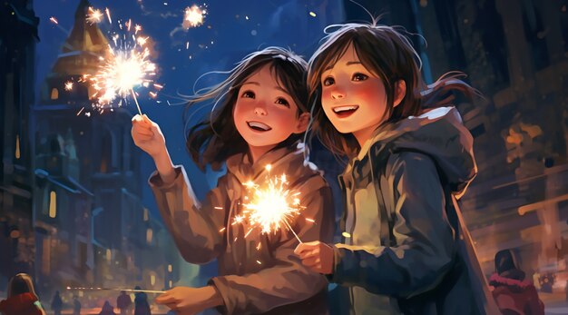 美しいアニメの新年の夜のシーン