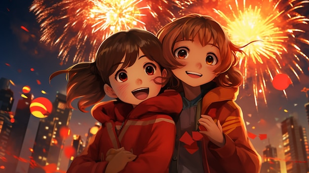 美しいアニメの新年の夜のシーン