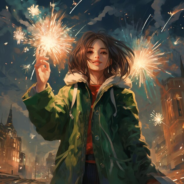 beautiful anime portrait on new year's eve