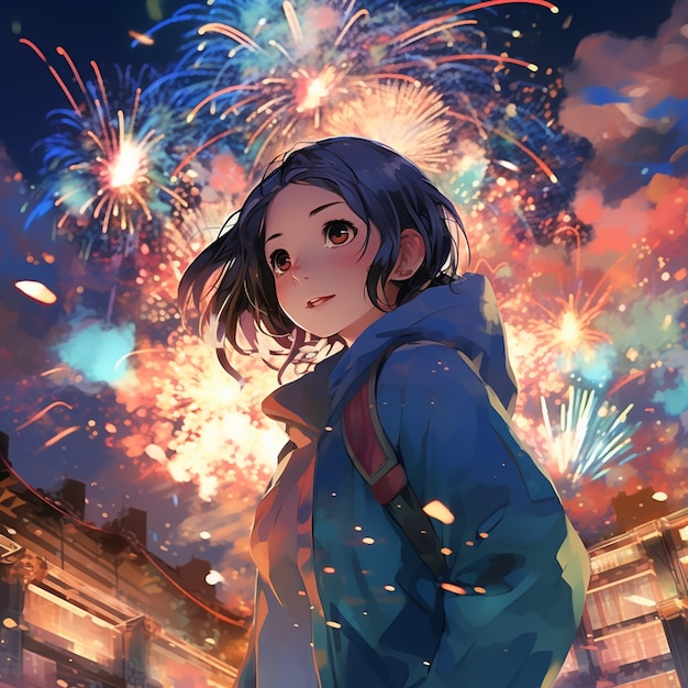 Beautiful anime portrait on new year's eve