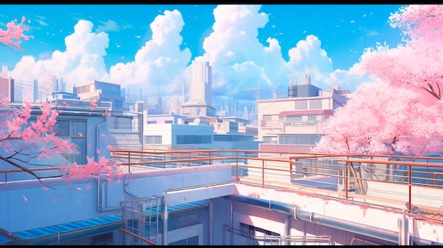 Beautiful anime sakura cityscape cartoon scene