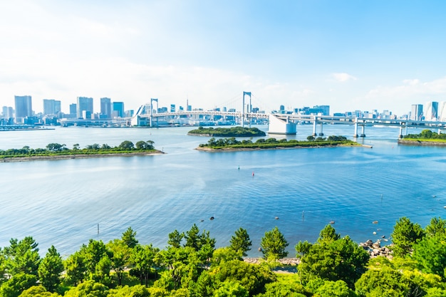 레인보우 브릿지와 도쿄시의 아름 다운 건축 건물 도시 풍경