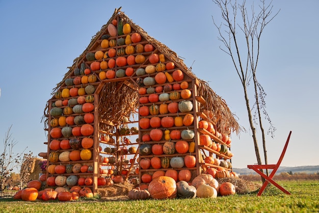 Foto gratuita bella casa artificiale fatta di zucche come zona fotografica per i visitatori durante la bassa stagione di raccolta