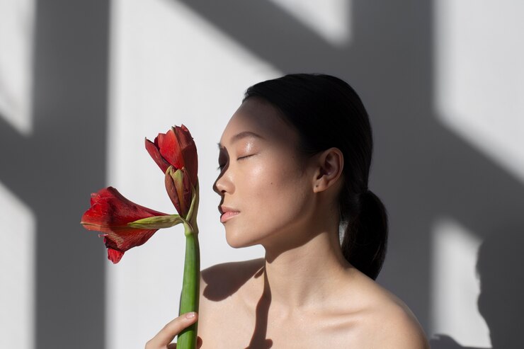 무료 Photo 아름다운 아시아 여성이 완벽한 피부를 가진 장미를 들고 포즈를 취하고 있습니다.
