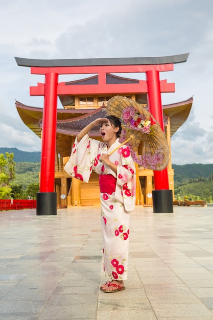 Una bella donna asiatica che indossa un kimono giapponese, concetto di abito tradizionale.