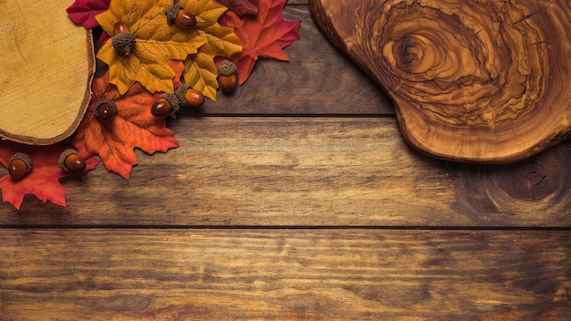 Foto gratuita bella composizione autunnale con foglie e legno