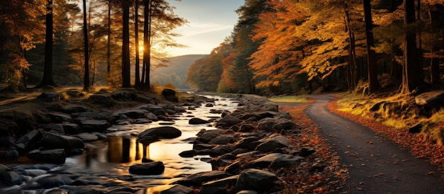 森の中の道路と川のある美しい秋の風景