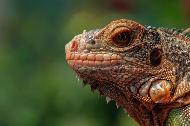 Beautiful baby red iguana closeup head on wood animal closeup