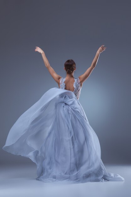 The beautiful ballerina dancing in long lilac dress on lilac background