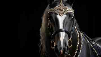 Free photo beautiful black horse portrait on black background closeup