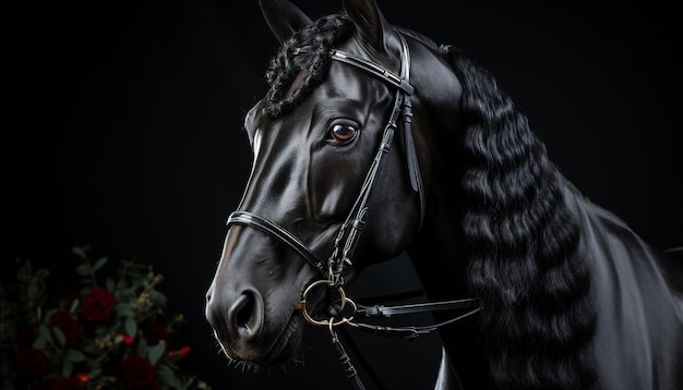 Free photo beautiful black stallion with elegant bridle in close up portrait generated by artificial intelligence