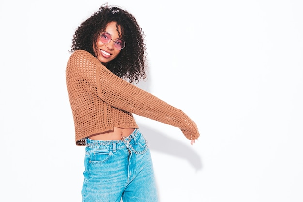 Beautiful black woman with afro curls hairstyle