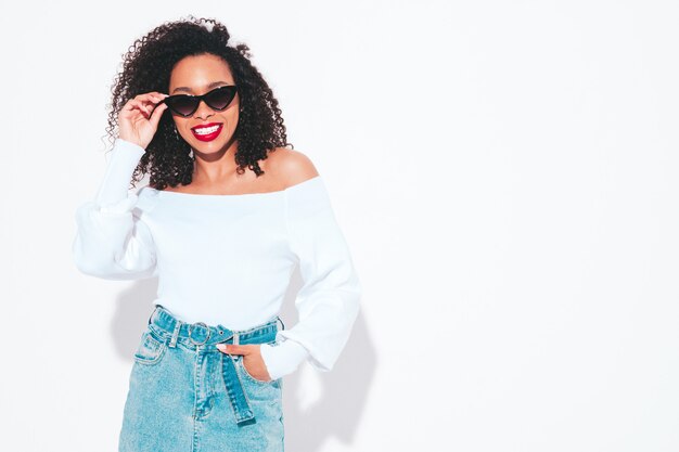 Beautiful black woman with afro curls hairstyle