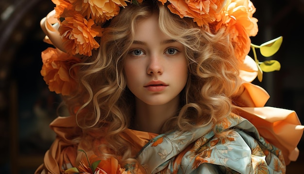 Free photo beautiful blond girl smiling looking at camera surrounded by flowers generated by artificial intelligence