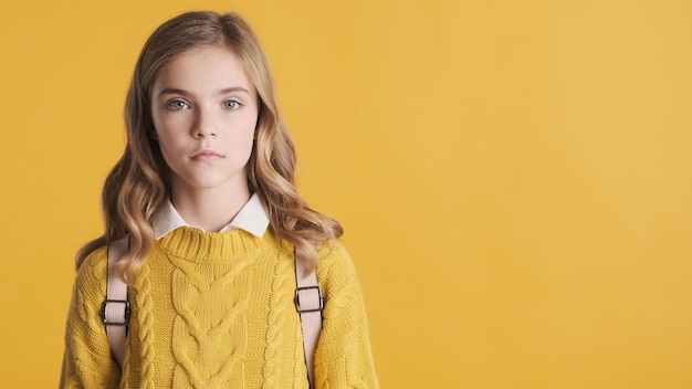 Красивая блондинка-подросток студентка выглядит уверенно, стоя рядом с местом для копирования вашей рекламы или рекламного контента на желтом фоне