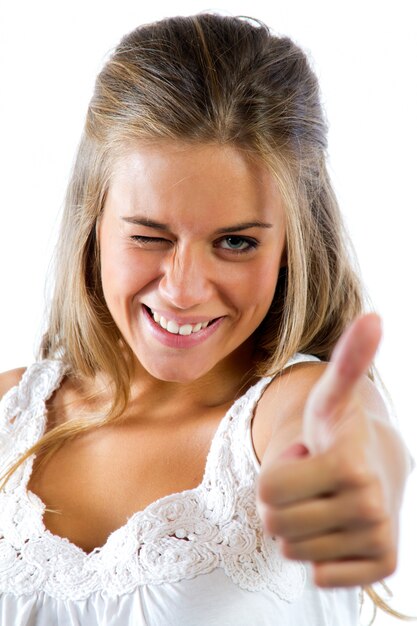 beautiful blond woman making success gestures