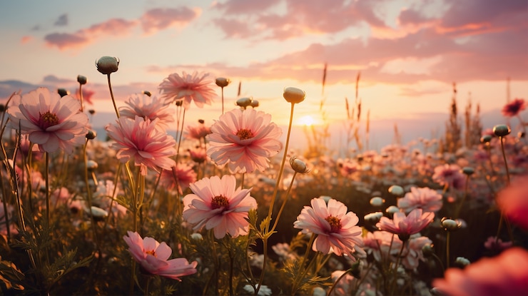 Free Photo beautiful blooming flower field spring season