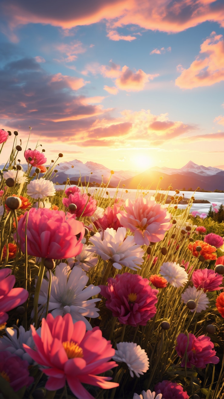 Free Photo beautiful blooming flower field spring season