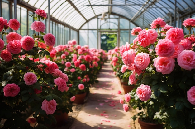 Free photo beautiful blooming roses in greenhouse