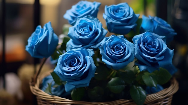 Free photo beautiful blooming roses in wicker basket