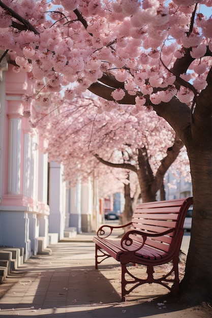 Free photo beautiful blooming trees in town spring season