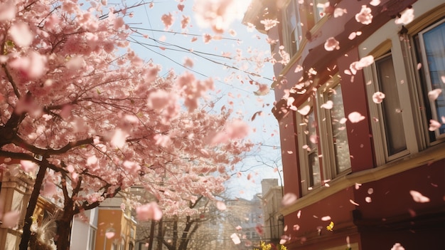 Beautiful blooming trees in town spring season