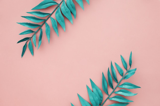 Free photo beautiful blue border leaves on pink background