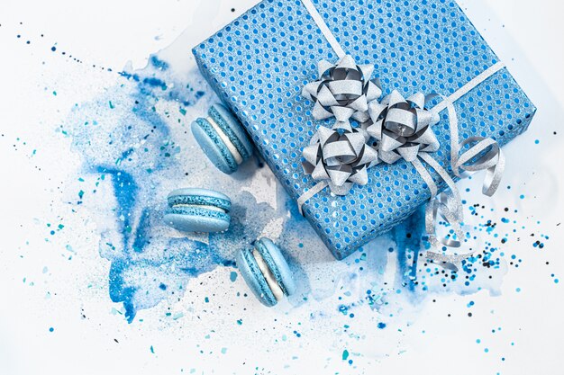 Beautiful blue gift box on watercolor, stylish creative.