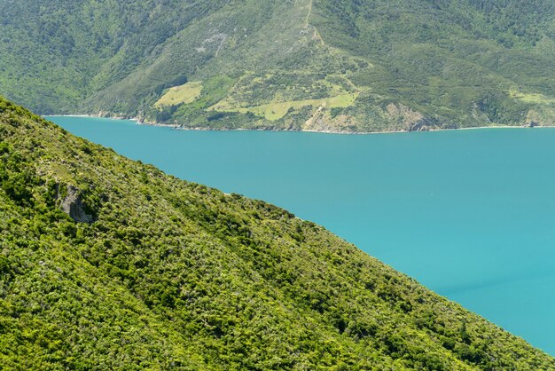 ニュージーランドの緑豊かな山々に囲まれた美しい青い湖